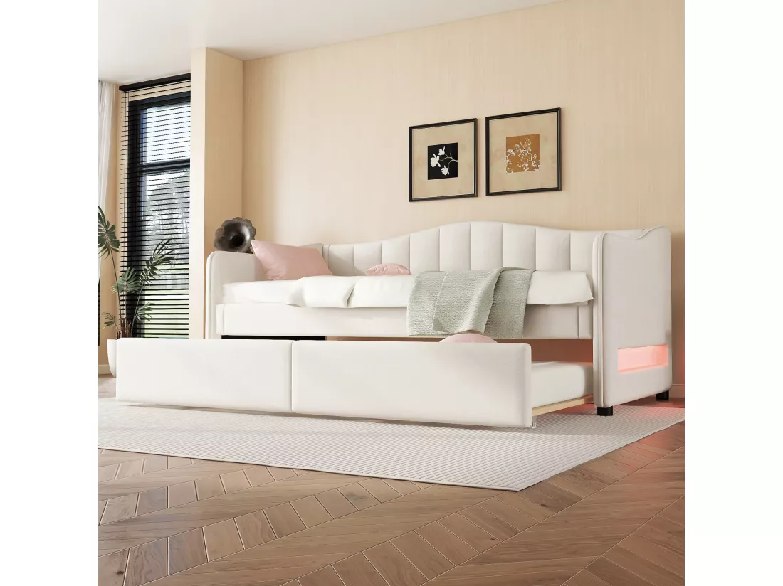 Lit gigogne 90/180 x 200 cm avec 2 tiroirs - tissu en lin - LEDs - beige (sans matelas)