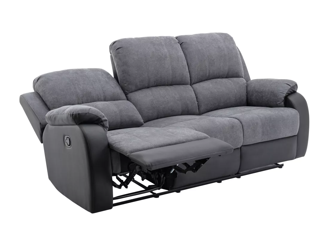 Canapé 3 places et fauteuil relax en microfibre et simili gris et noir BRODY