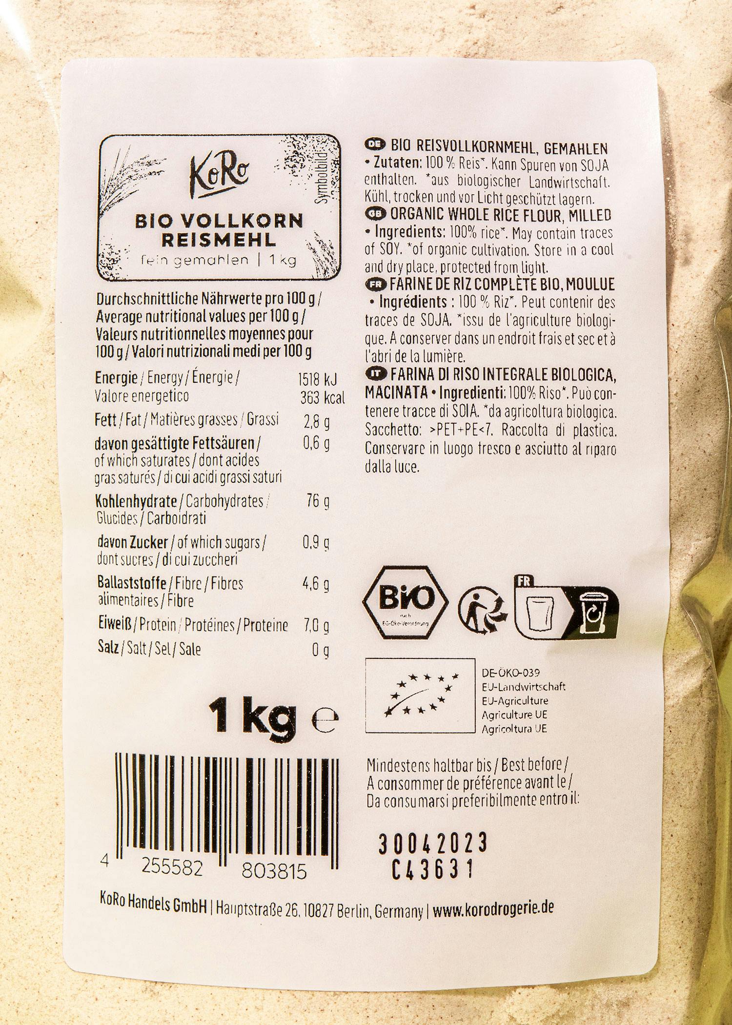 Bio Vollkorn Reismehl 1 kg