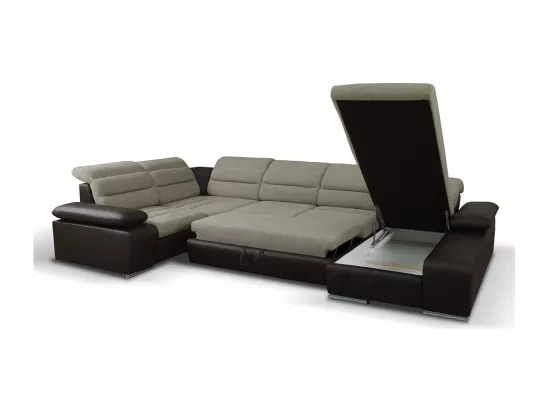 Canapé d'angle panoramique convertible en tissu et simili BOILEAU - Bicolore beige/marron - Angle droit