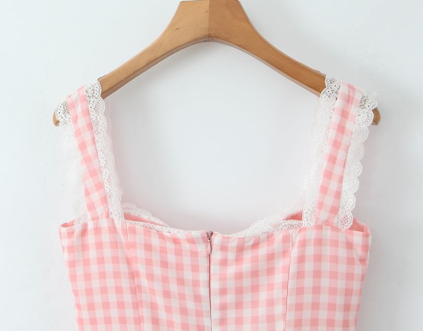 Cumulys - Mouwloze Sweetheart Neck Gingham Ruffle Mini A-lijn Jurk