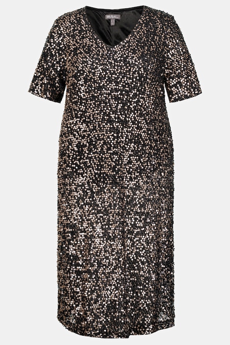 Midikleid, doppellagig, Pailletten, V-Ausschnitt, Halbarm