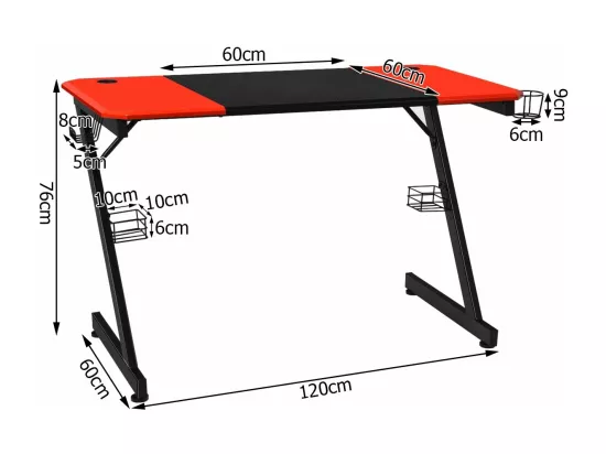 Bureau de Jeu Bureau Gamer Surface en Fibre de Carbone 120 X 60 X 76CM avec Porte-gobelet, Crochet pour Ecouteurs et Supports Audio (Noir et Rouge)