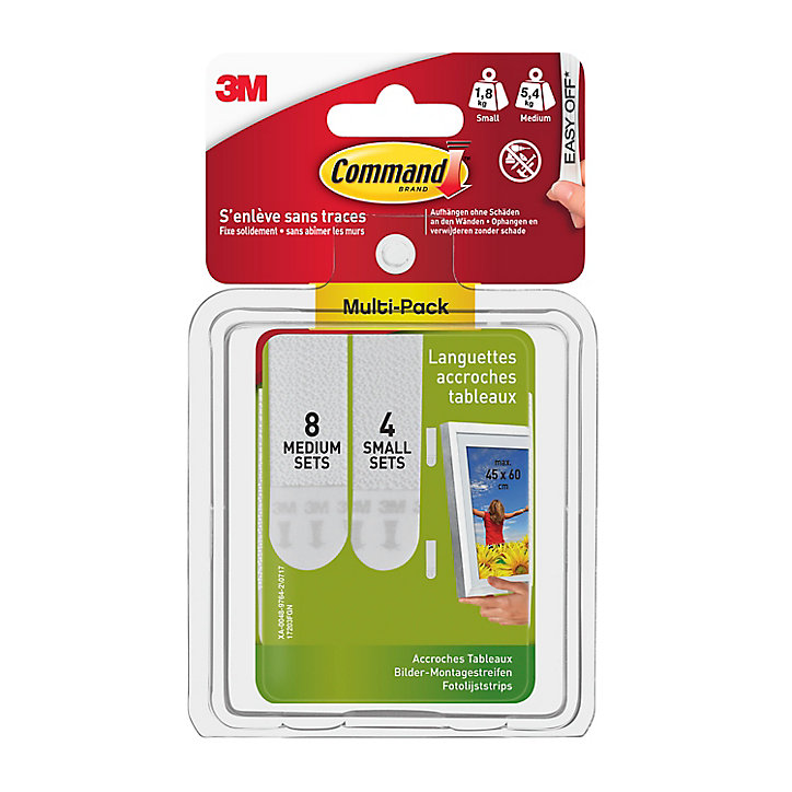 Languettes accroches tableaux blanches petites/moyennes Command, Multi-pack, 8 ensembles M + 4 ensembles S