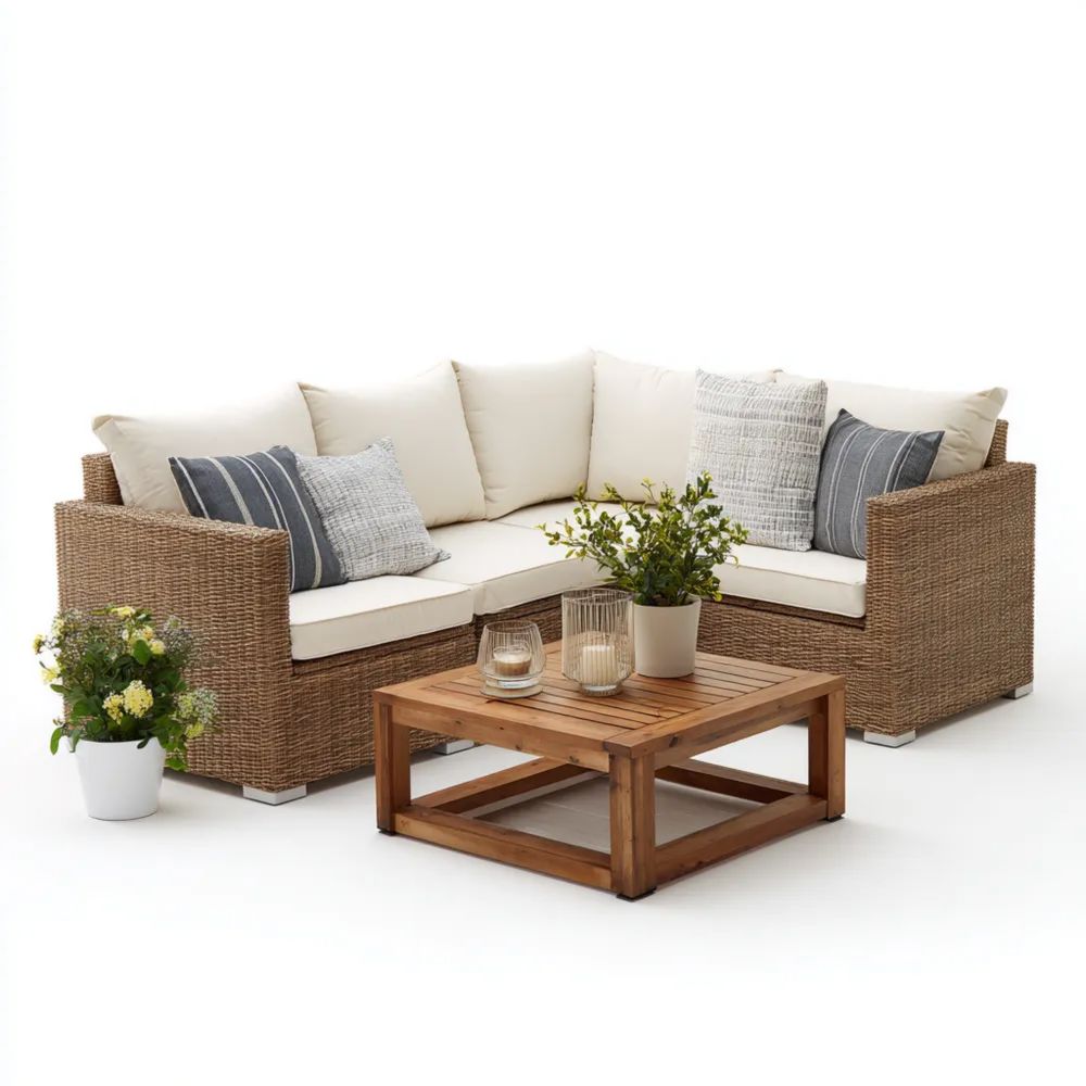 Garten-Sofaset Holzgeflecht (200x200x70 cm) - Creme - Ecksofa mit Tisc