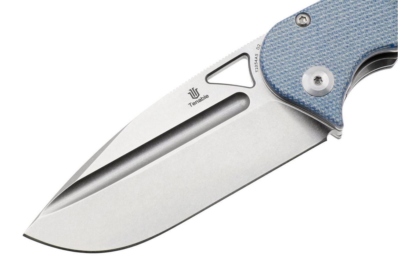 Tenable Knives Bömbur T1054A5 Stonewashed D2, Blue Micarta, zakmes, Midgards Messer design