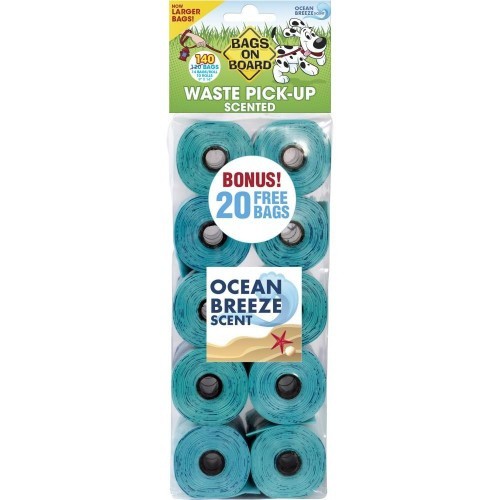 Pacote com 140 sacos para recolher excrementos com aroma de oceano.