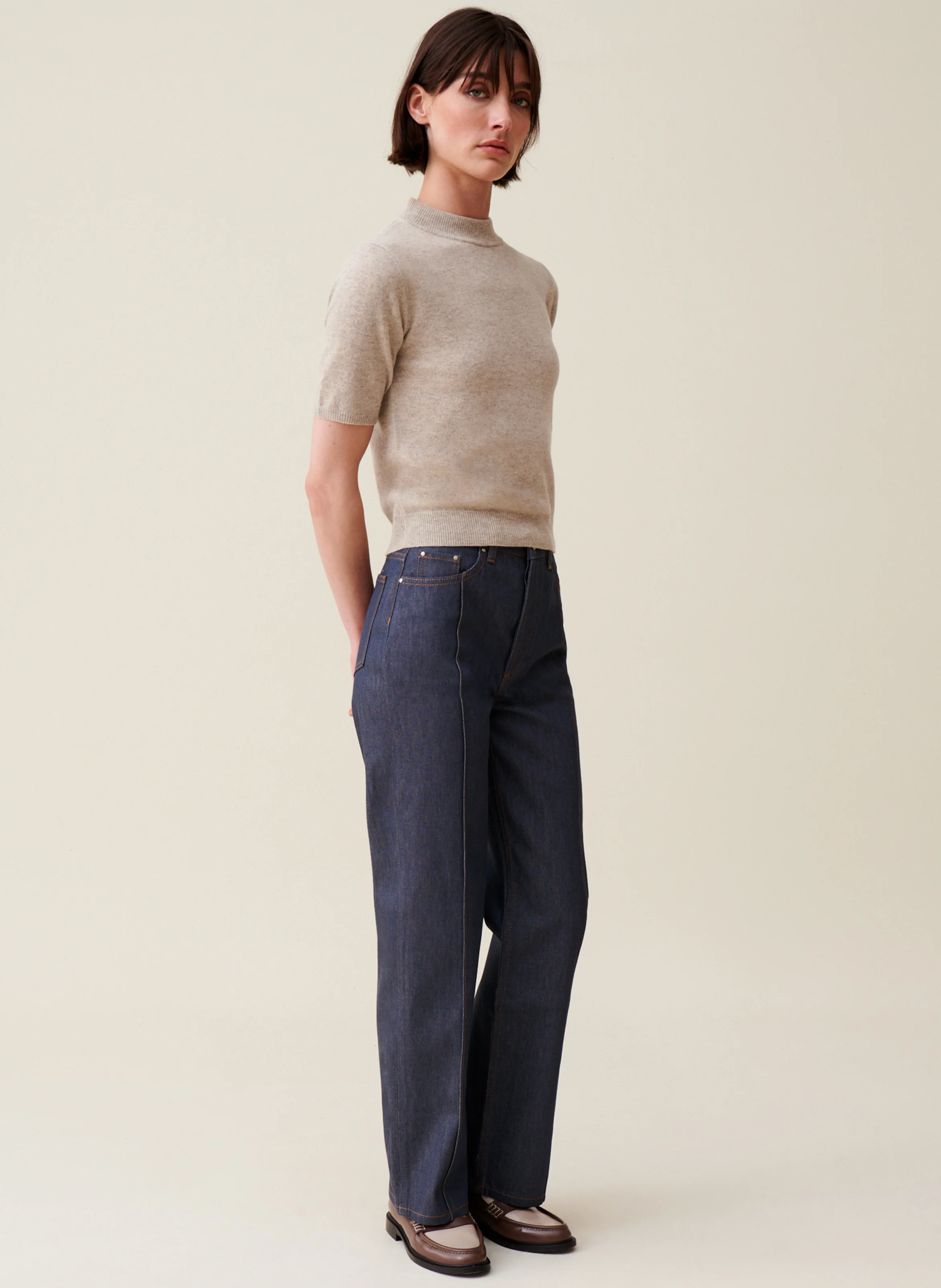Pull manches courtes en laine | Beige