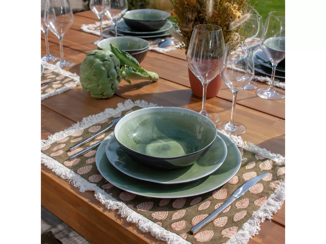 Now's Home - Lot 4 Sets De Table En Coton Vert Kaki Avec Franges 43x28cm Rimini