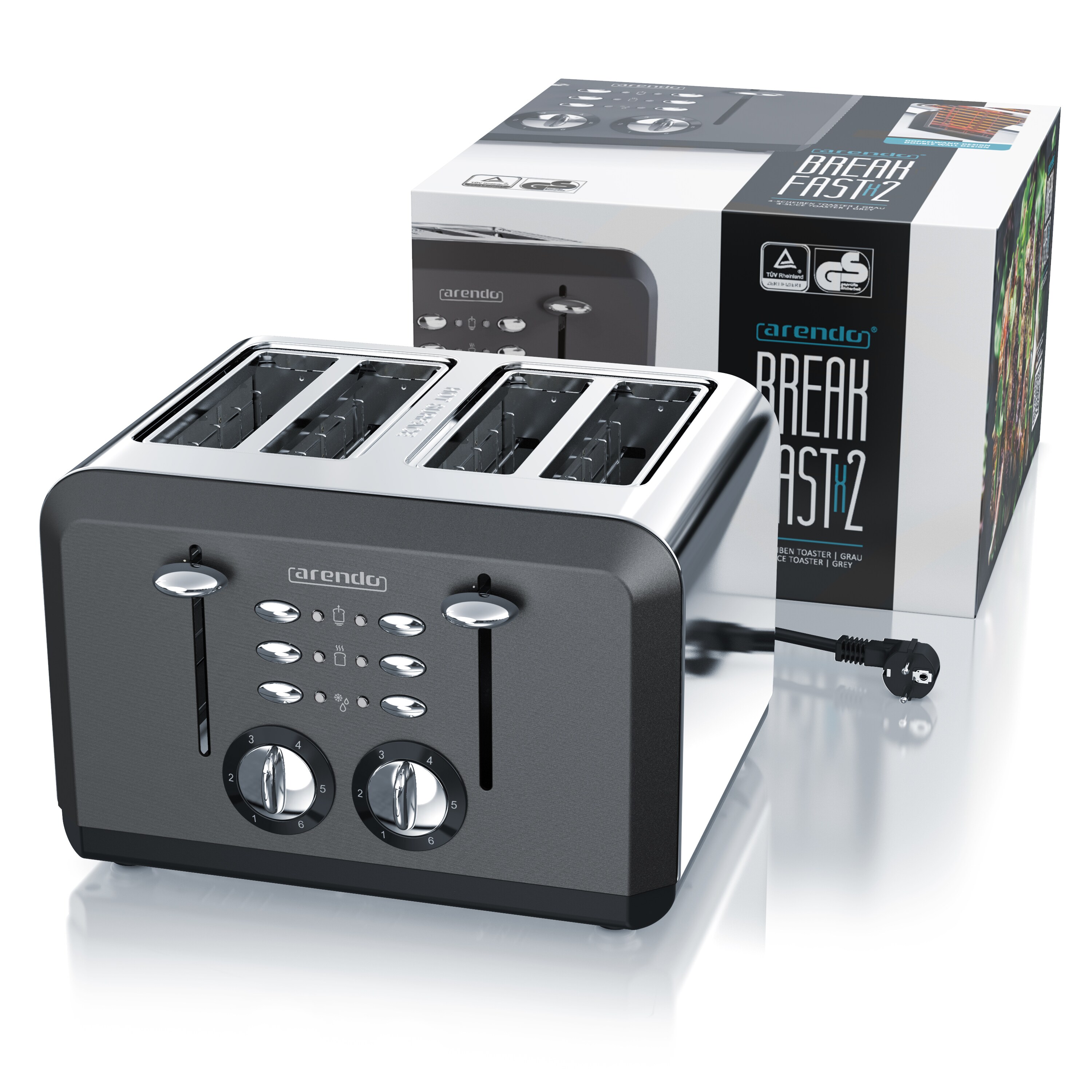 Arendo Toaster für 4 Scheiben, 1630 W, Automatik, Edelstahl, Wärmeisolierendes Doppelwandgehäuse, grau
