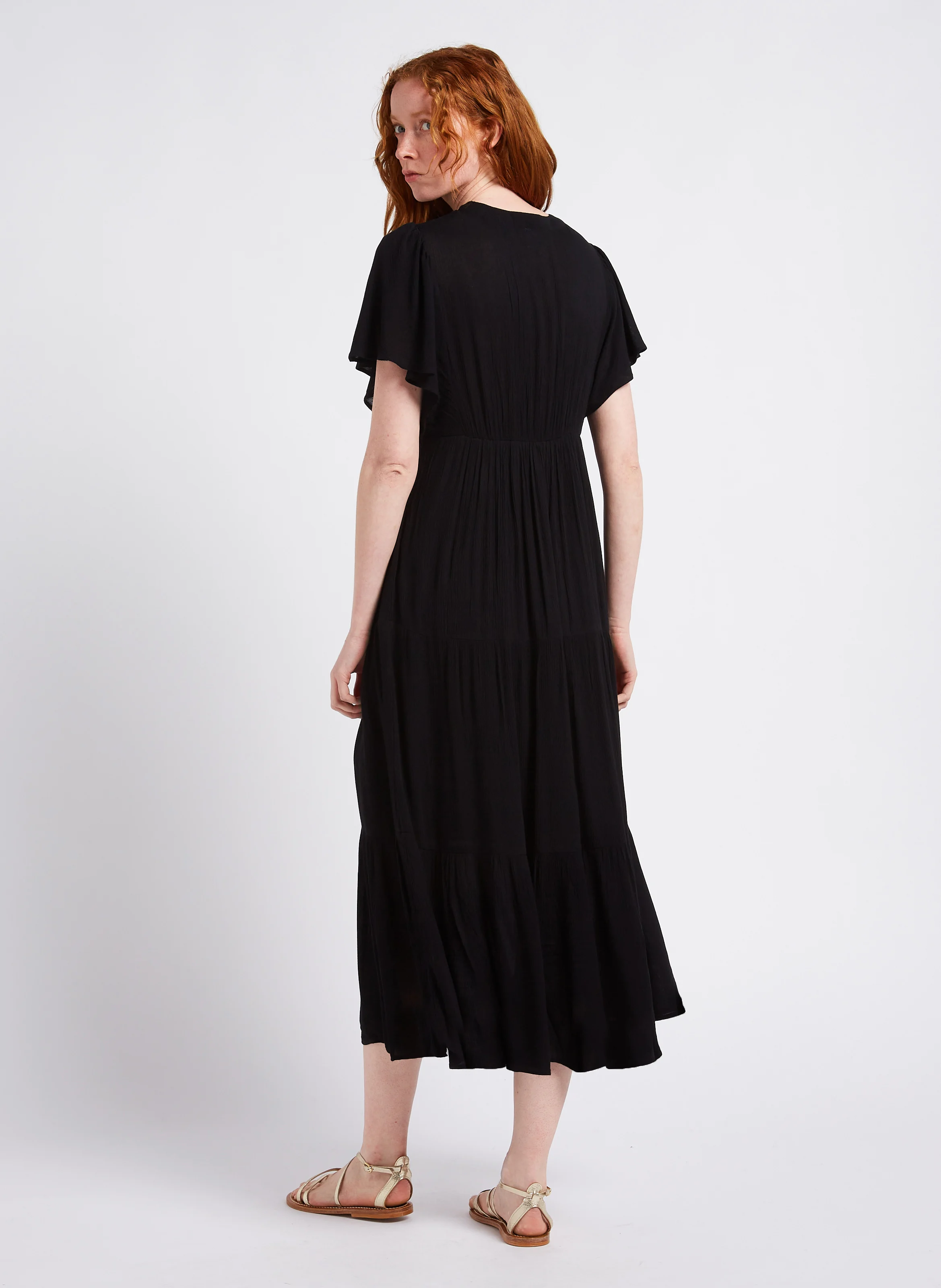 CAMILLE - Robe longue col V brodée| Noir