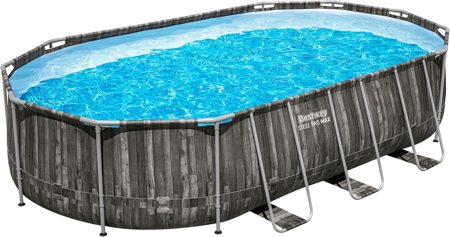 Bestway Steel Pro MAX Frame Pool Komplett-Set, 610 x 366 x 122 cm, Holz-Optik, 20.241 L, 3-lagiges TriTech-Material, ClickConnect System, Filterpumpe, Sicherheitsleiter, Abdeckplane, Reparaturflicken