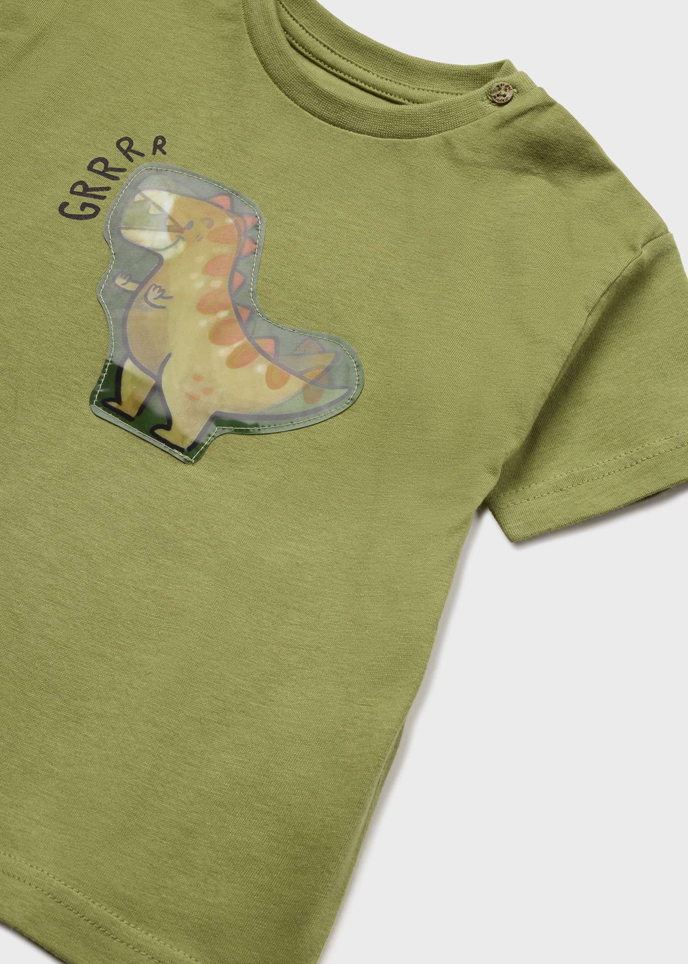 Camiseta infantil de algodão de manga curta com estampa interativa.