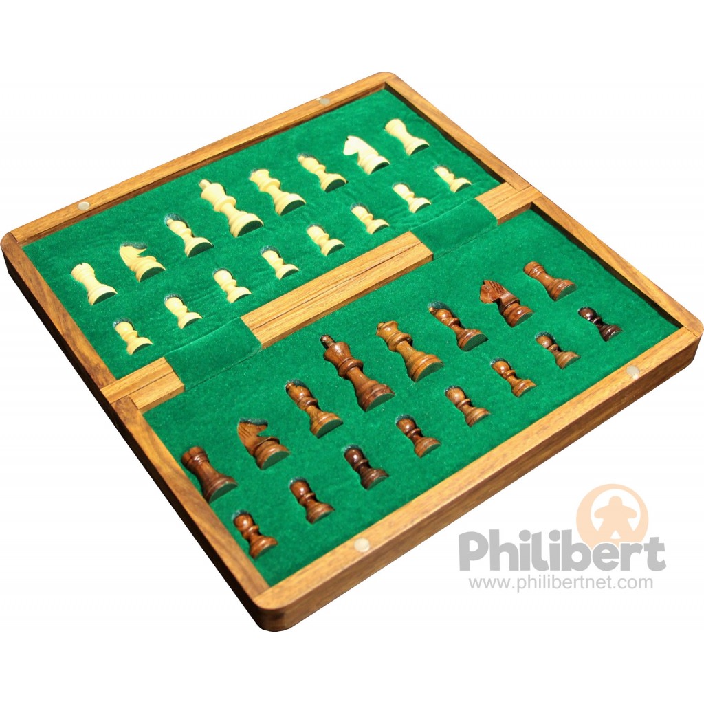 Jeu d'échecs pliant magnétique marqueté, 25 cm - Bois Patiné