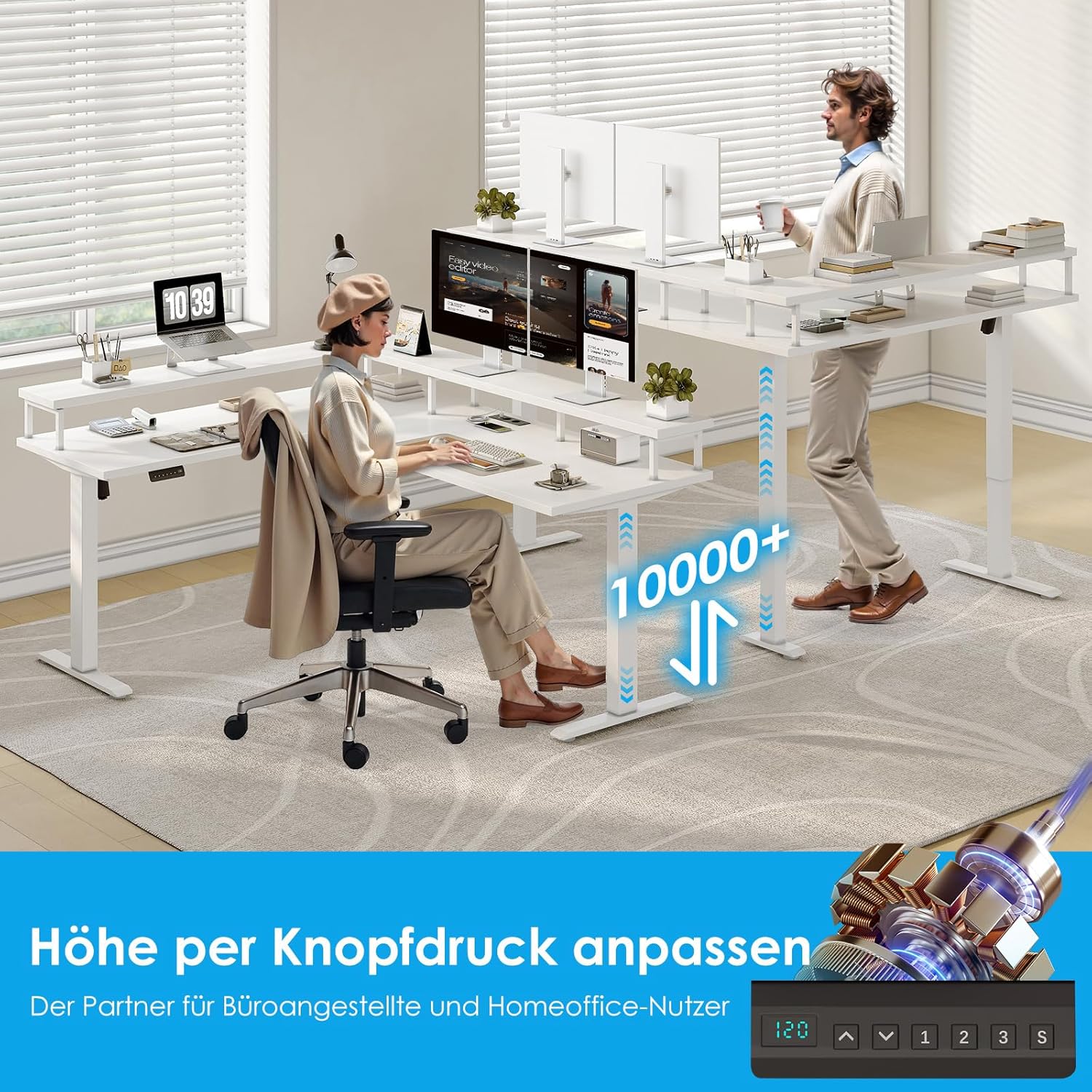 OffiGo Eckschreibtisch Höhenverstellbar, 150x120cm Schreibtisch Höhenverstellbar mit Steckdose, Elektrischer Schreibtisch L Form mit Monitorständer, Weiß