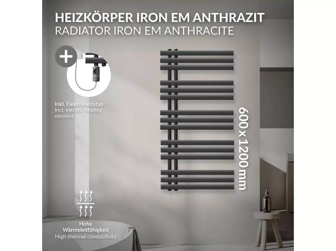 Radiateur salle de bain acier anthracite 60x120 cm avec élément chauffant 900W