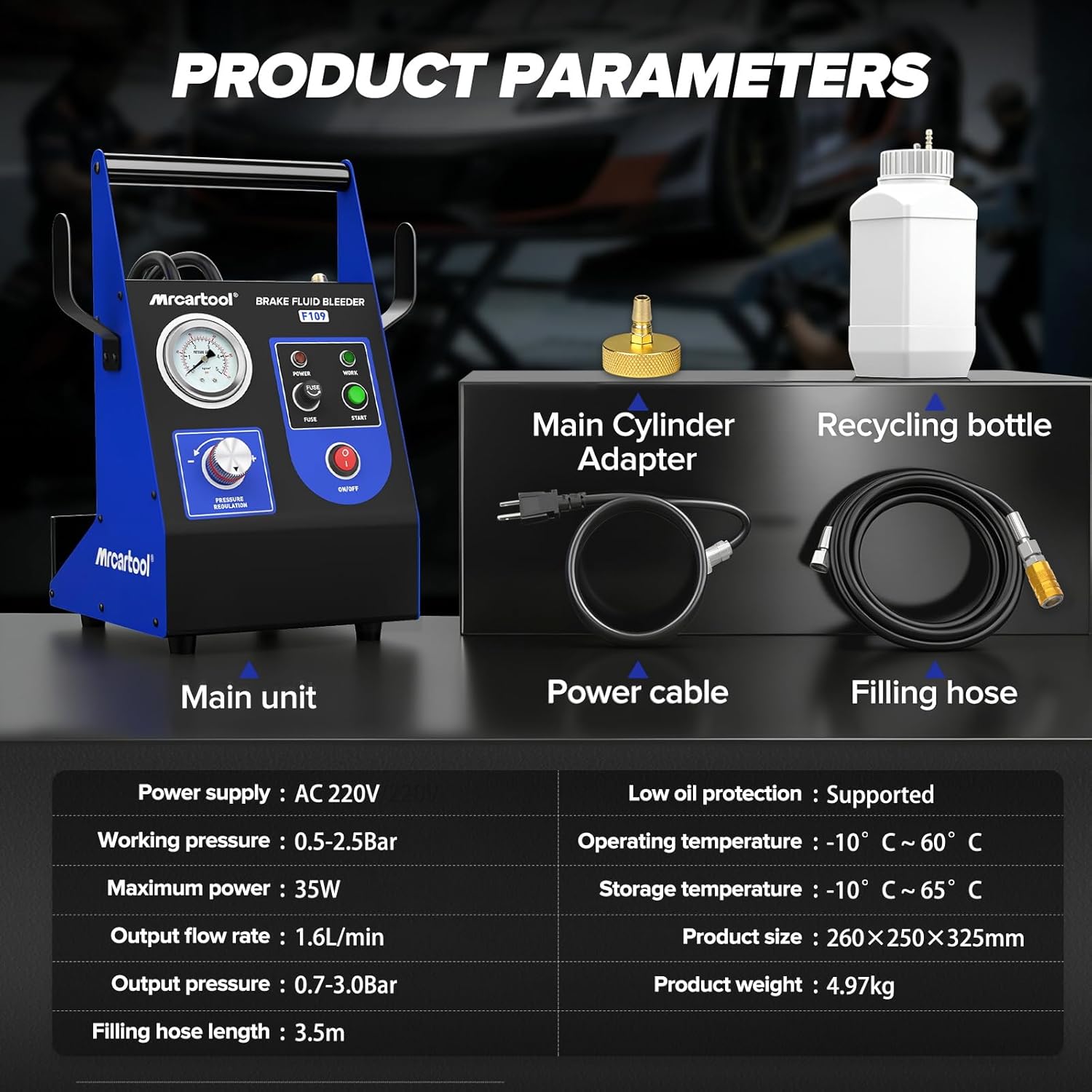 MRCARTOOL F109 KFZ Bremsenentlüftungsgerät 220V Auto Pulsierendes Automatisch Bremsenentlüftungsset Bremsflüssigkeitswechselgerät mit 1 Hauptbremszylinderadapter, 0.5~2.5Bar Einstellbarer Druck
