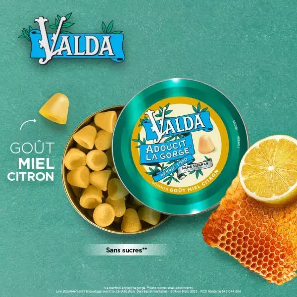 Gomas de mascar Valda para aliviar a garganta, sabor mel e limão, sem açúcar, 140g