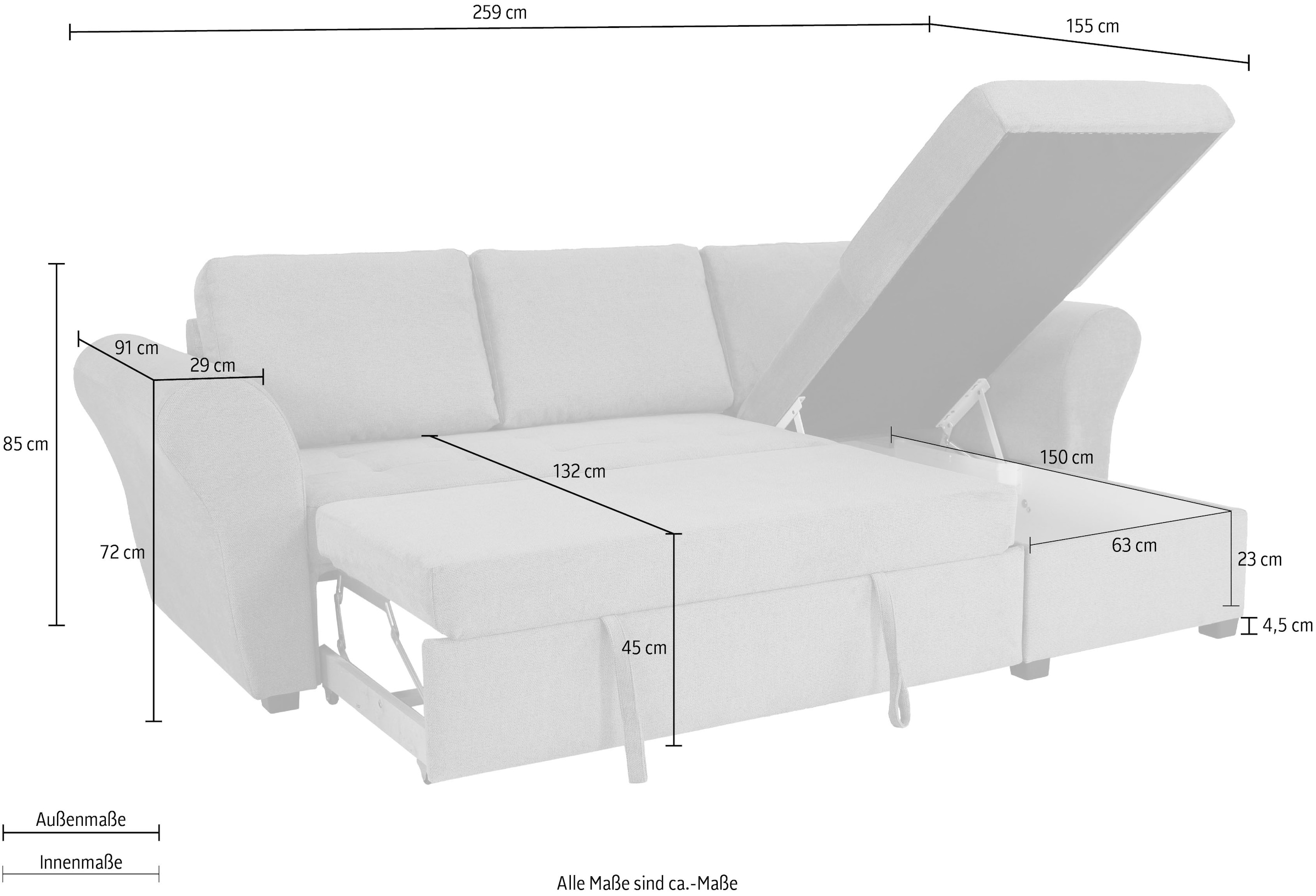 Trends by HG Ecksofa »Lasse L-Form, B: 259 cm« mit Bettfunktion & Bettkasten