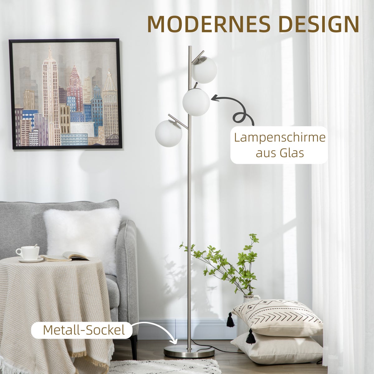 HOMCOM staande lamp, 27L x 27B x 169H cm, glas, zilver