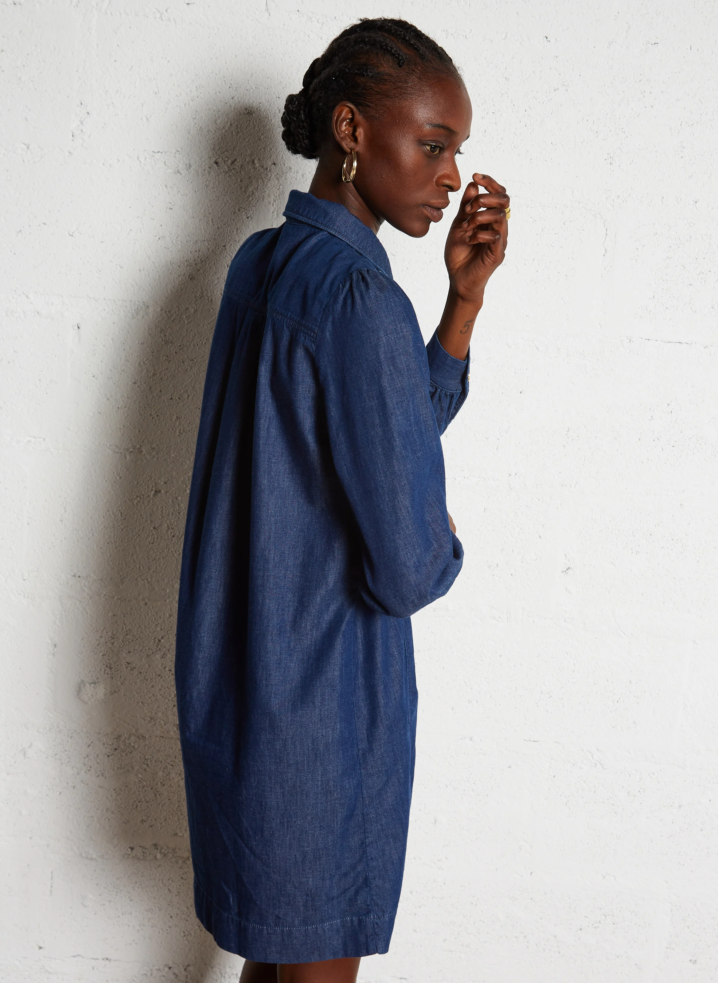 Robe chemise denim en coton| Bleu