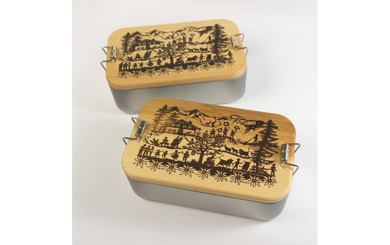 Lunchbox Metall Swiss Tradition Braun, SilberBox mit Holzdeckel