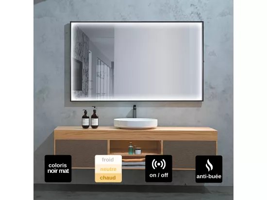 Miroir Salle de Bains Lumineux ABILITY Anti-Buée et Éclairage Périmétral Triled par Détecteur de Mouvement 140x80cm Noir Mat LEDIMEX by SANIZÉO