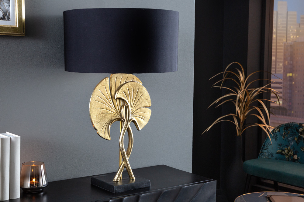 Dekorative Tischlampe GINKGO 62cm schwarz gold Metall Skulptur Leuchte mit Marmorfuß