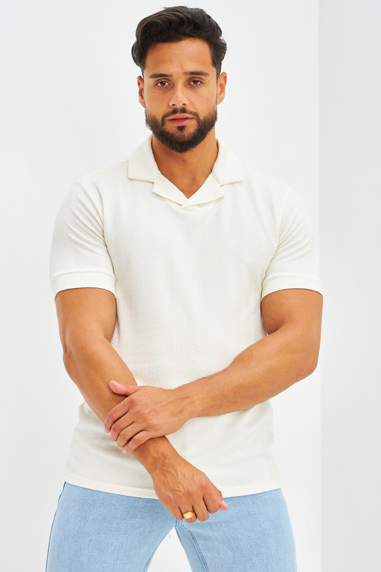 Polo col à rabats motifs chevrons blanc