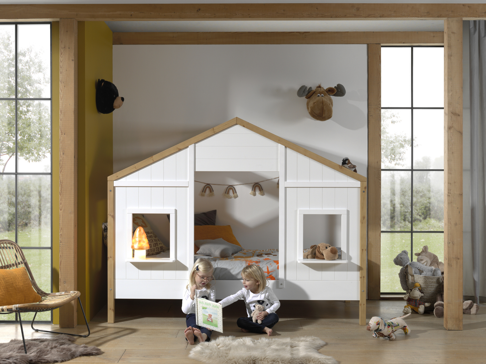 Landhausbett BABS - weiß - Kiefer teilmassiv - 2 Fenster - 90x200 cm