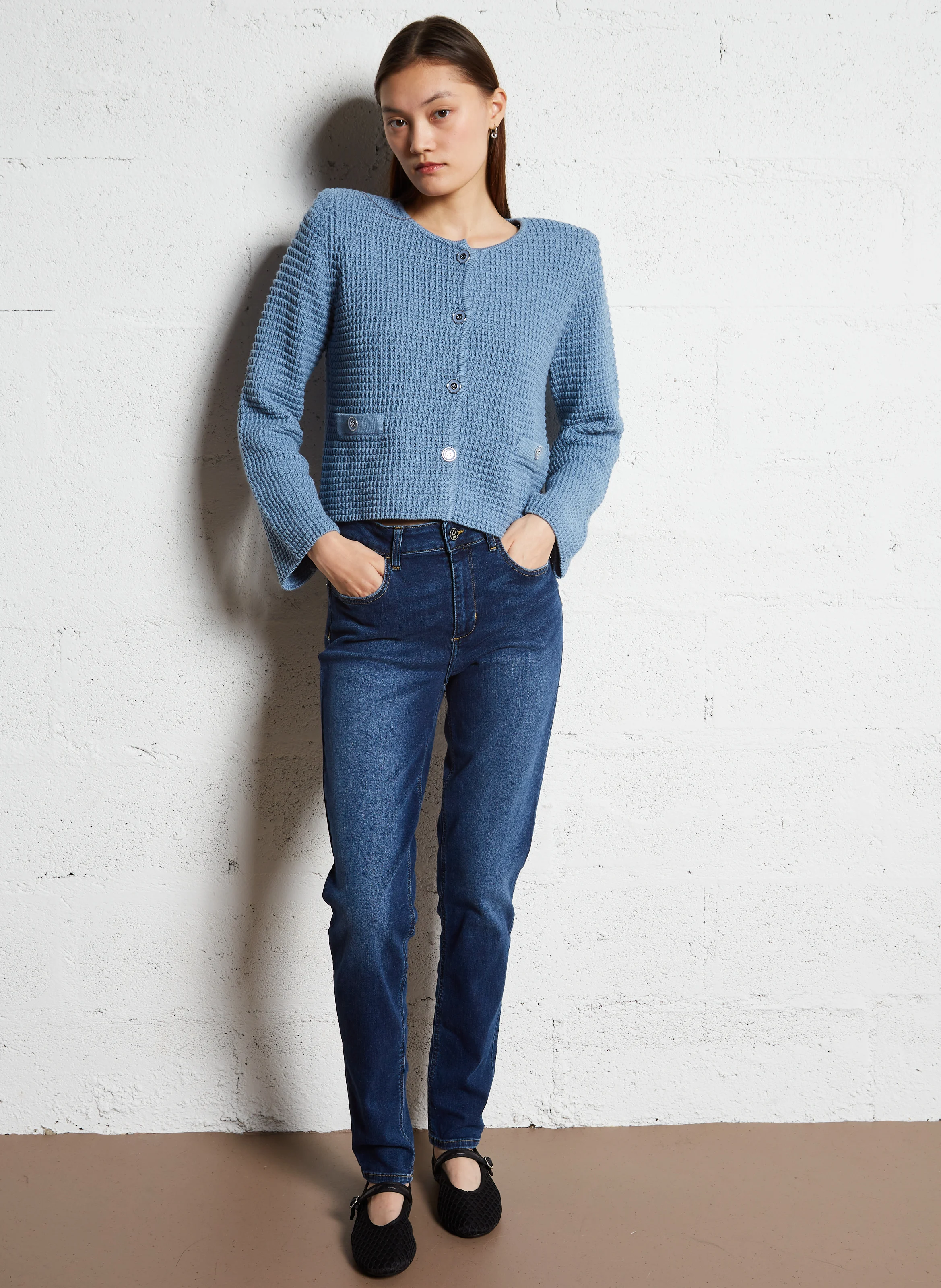 Gilet col rond en coton mélangé | Bleu