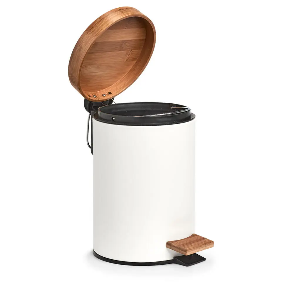 Zeller Pedaalemmer - 3L - wit - metaal en bamboe - 24 cm - toilet