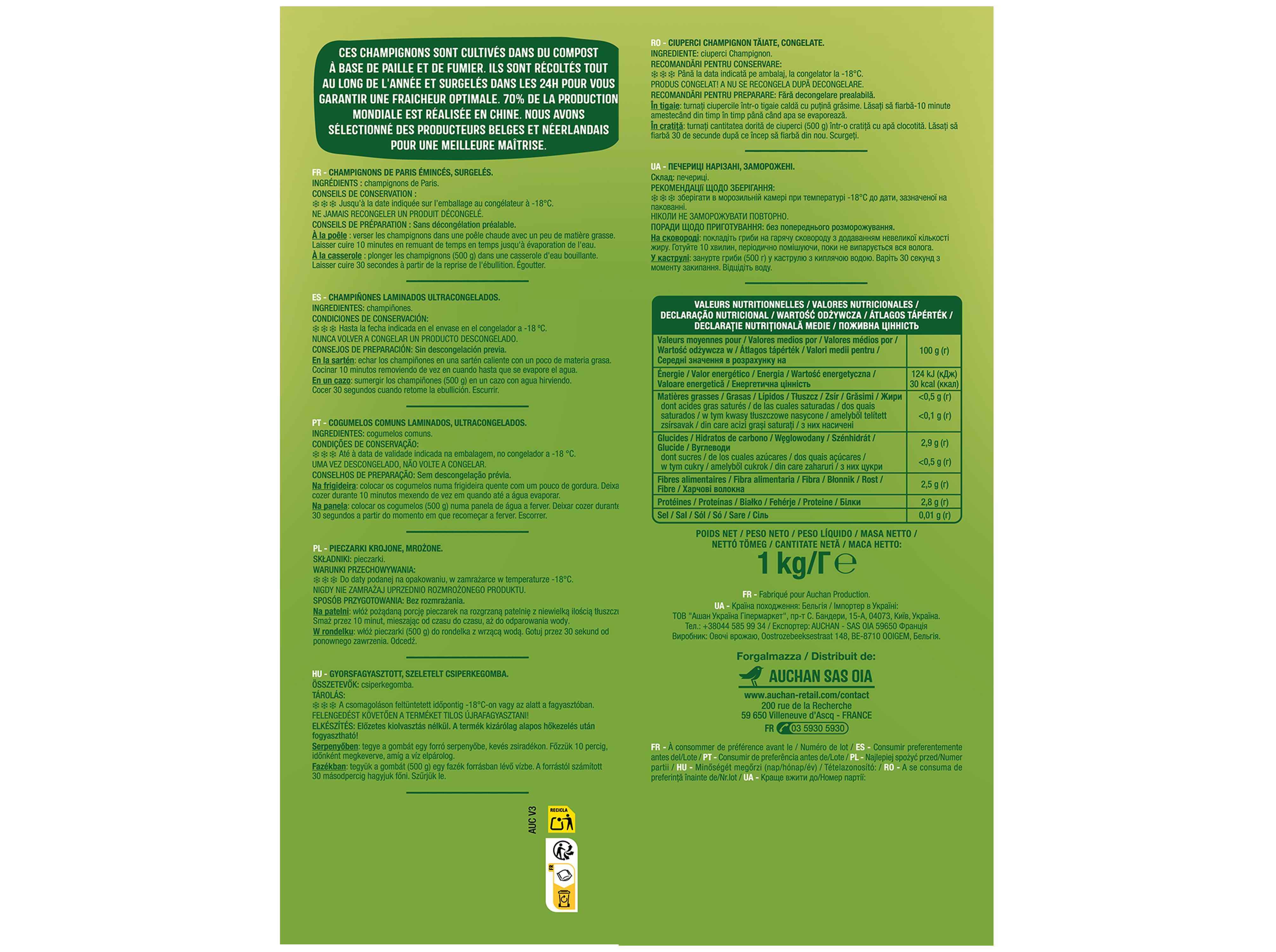 COGUMELOS AUCHAN LAMINADOS ULTRACONGELADOS 1KG