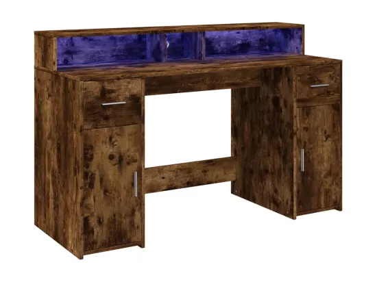 Bureau et lumières LED chêne fumé 140x55x91cm bois d'ingénierie