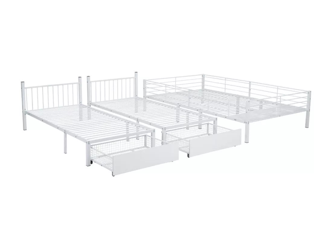Lit superposé triple, cadre de lit métallique, 140x200cm et 2 lit 90x200cm, avec échelle et 2 tiroirs, sommier inclus, blanc