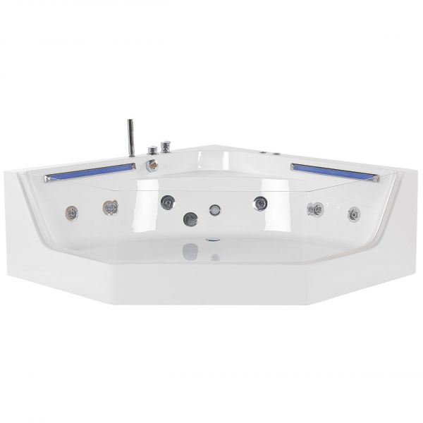 Beliani Banheira de Hidromassagem de Canto Branca em Acrílico para 2 Pessoas com Iluminação led e Jatos de Estilo Moderno 211x150x56 - 4251682247979