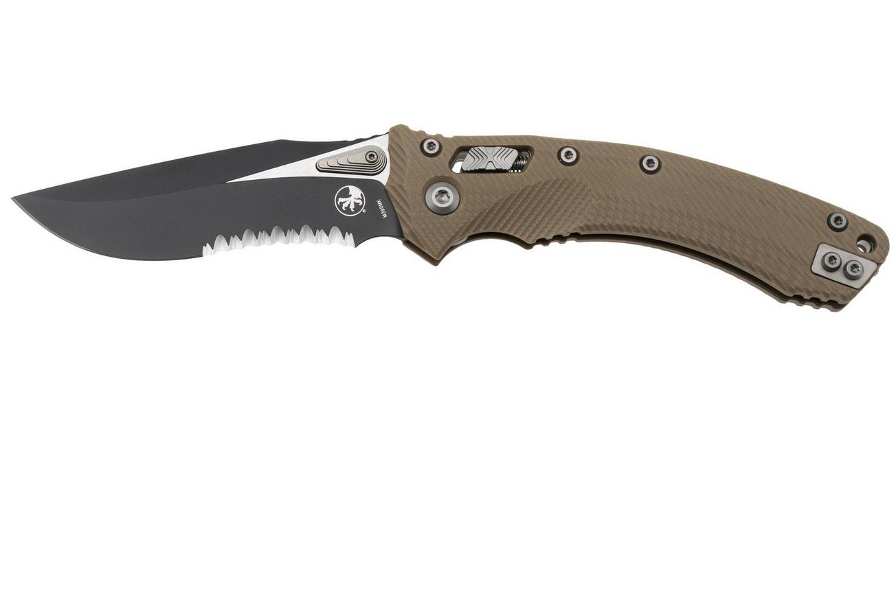 Microtech Amphibian 137RL-2FLGTTA, Two Tone Black M390MK, Fluted Tan G-10, partly serrated zakmes