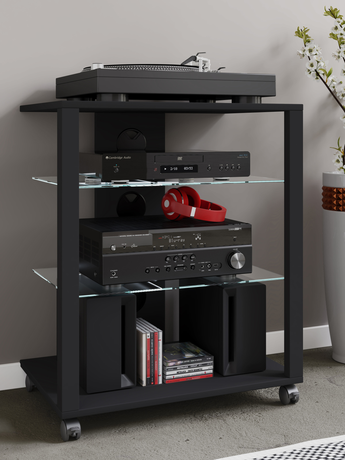 HiFi-Möbel FOLAS - schwarz - mit Rollen - 60 cm