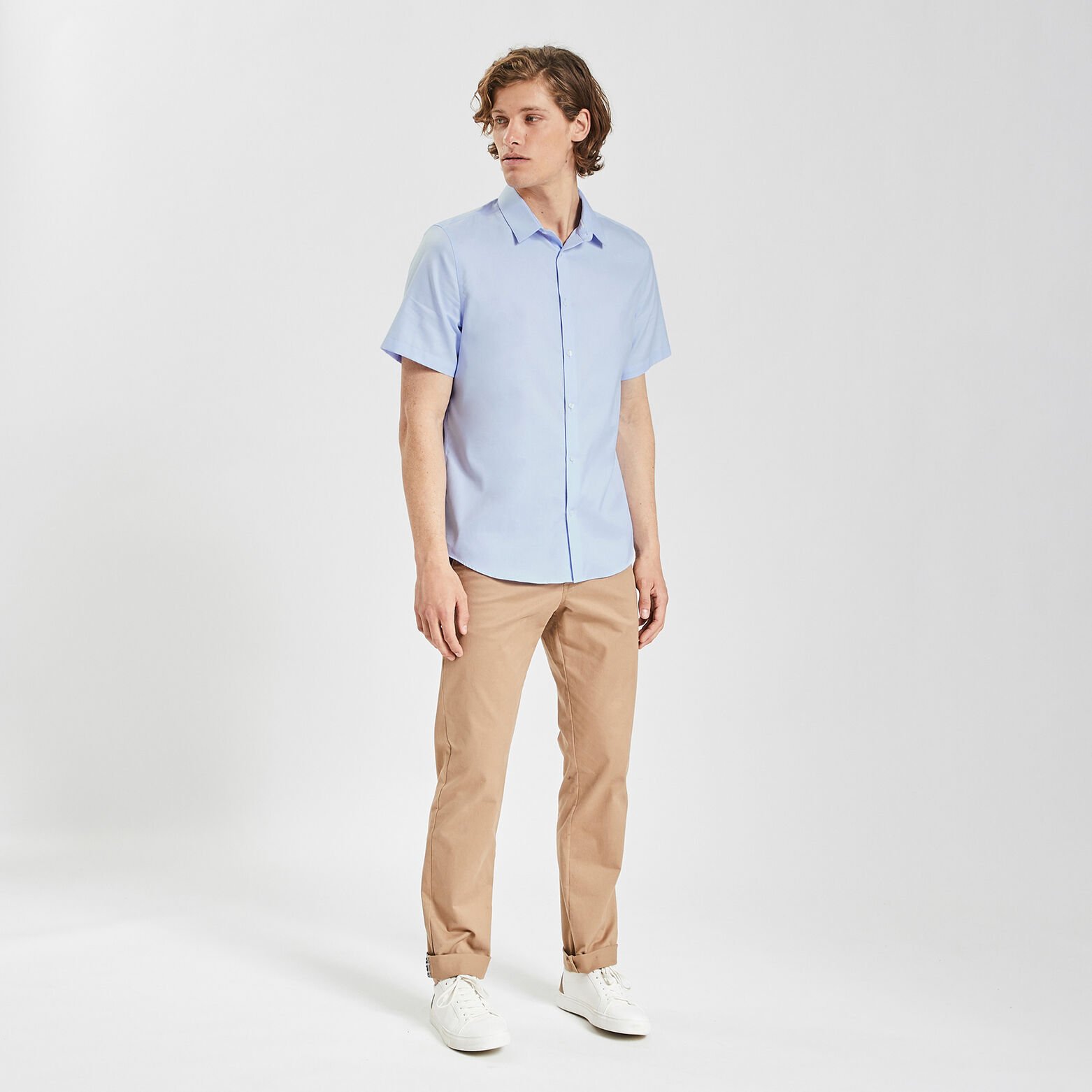 Chemisette regular sans repassage unie coton Bleu clair