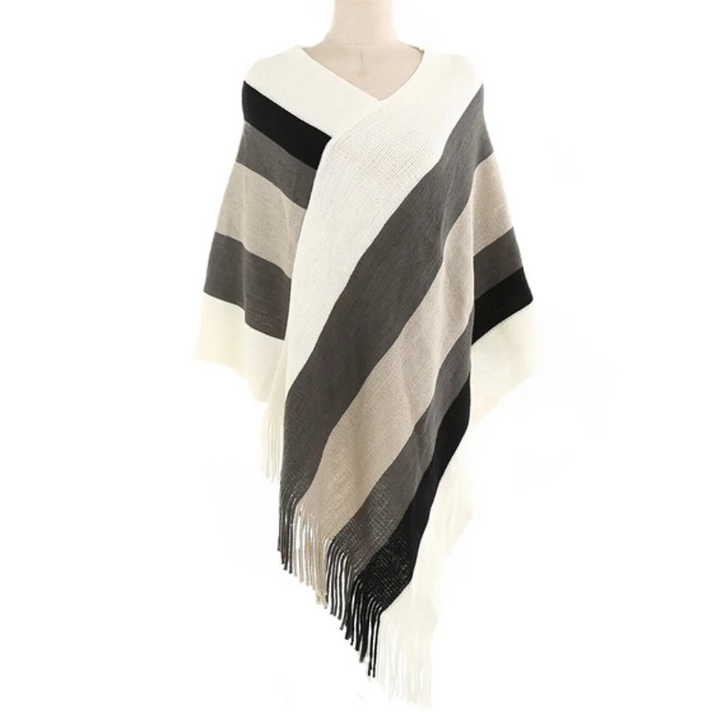 Damen Strick Poncho Fashion Schulter Tuch Cape mit Fransen (One Size) - Weiss / Grau