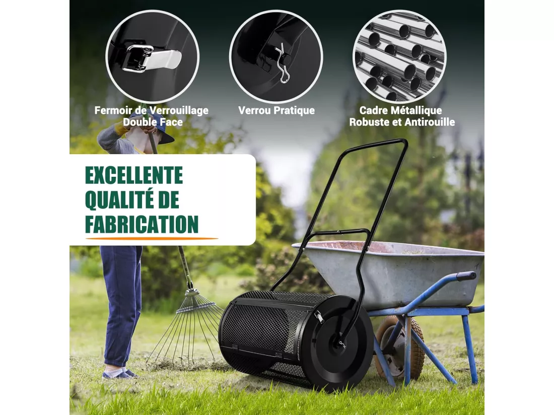 Épandeur à Compost de 60,5 cm Rouleau en Treillis Métallique, Épandeur de Gazon avec Poignée en Forme de ‘U’ Loquets Latéraux, pour Entretien du Jardin et Pelouse(Noir)