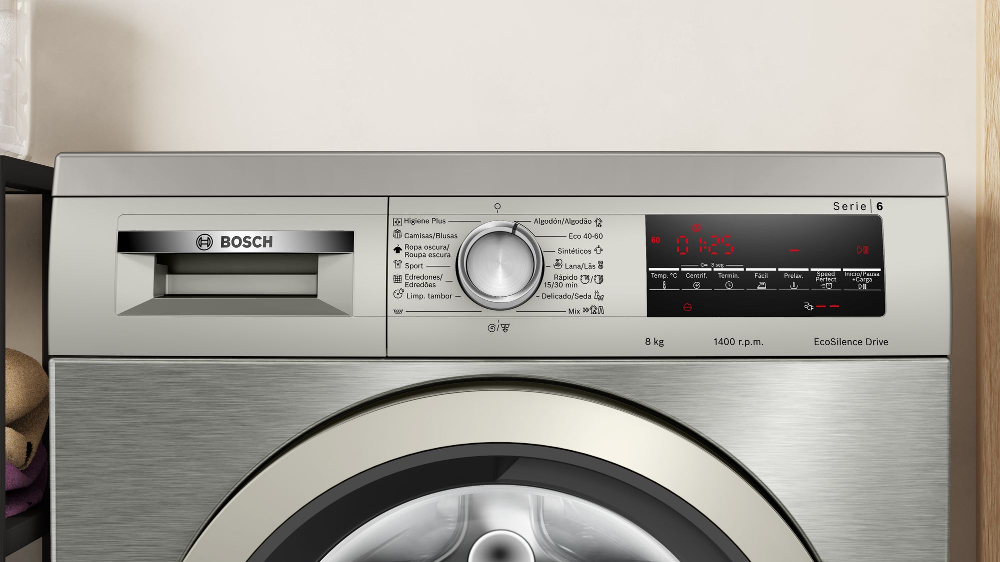 Máquina de lavar roupa de carregamento frontal Série 6, 8 kg, 1400 rpm, aço inoxidável WUU28T8XES