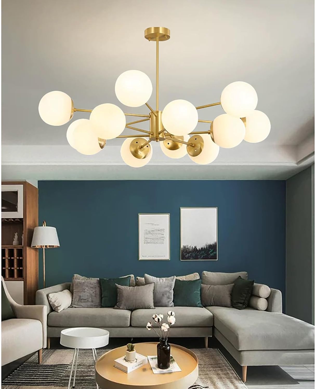 Mid Century Modern Kronleuchter, Sputnik Deckenleuchte Milchglas Kugel Leuchte, Pendelleuchte Aus Gebürstetem Messing für Wohnzimmer Esszimmer Schlafzimmer Kücheninsel(16 Lights, Glossy)