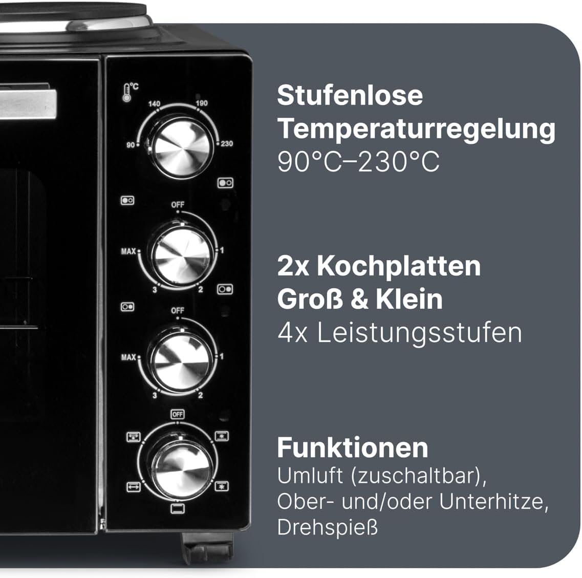 ProfiCook Minibackofen mit Kochplatten und Drehspieß | 32L | Umluft, Oberhitze, Unterhitze, Drehspieß | Kochen und Backen gleichzeitig | Backofen klein | Mini Backofen mit Umluft | PC KK 1302