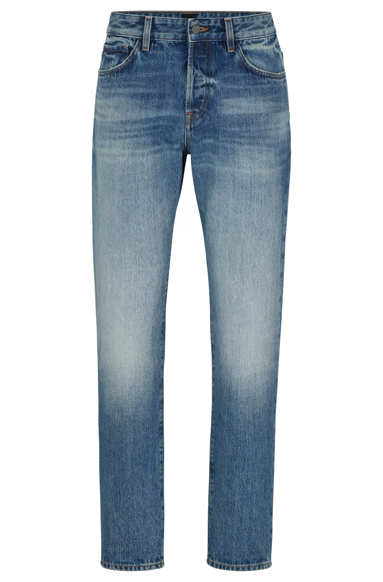 Calça jeans BOSS laranja, corte regular, em denim rígido azul.