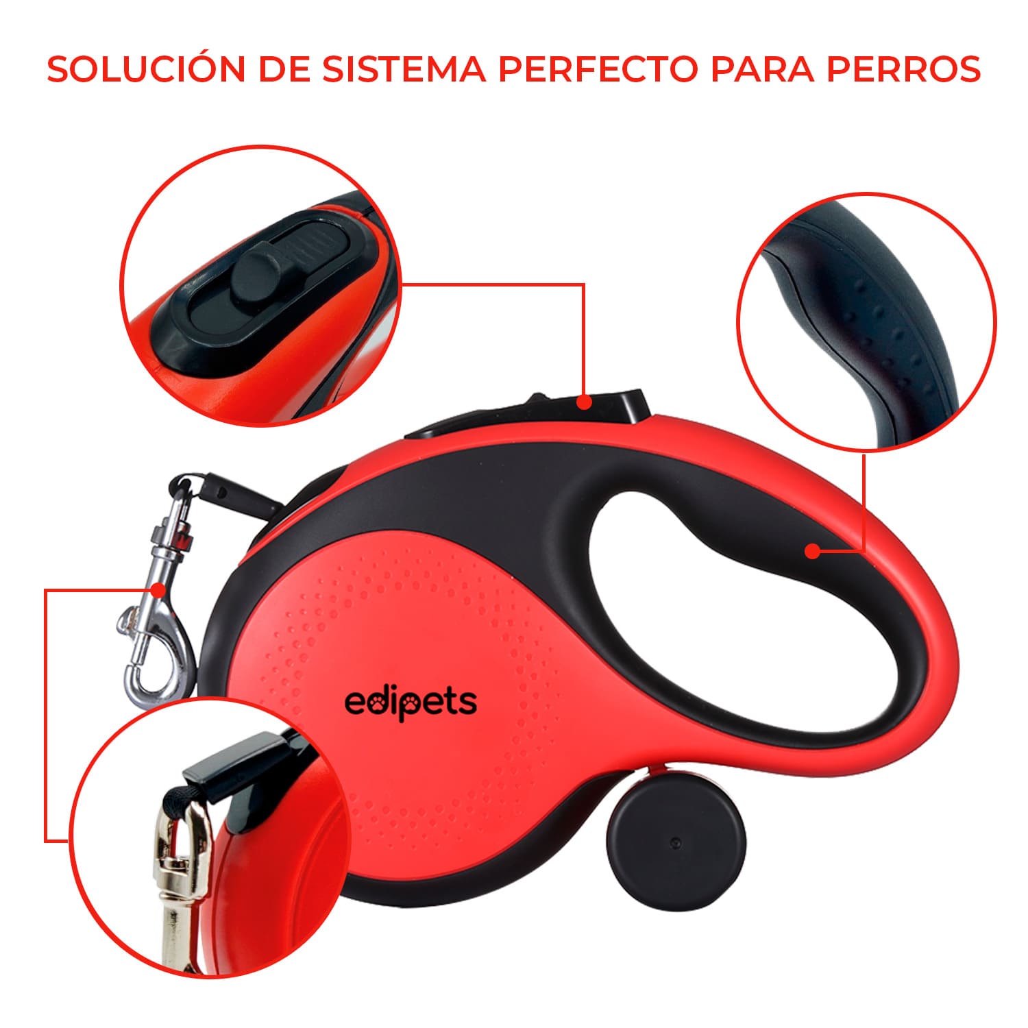 Guia extensível Edipets com sistema de travagem vermelho para cães