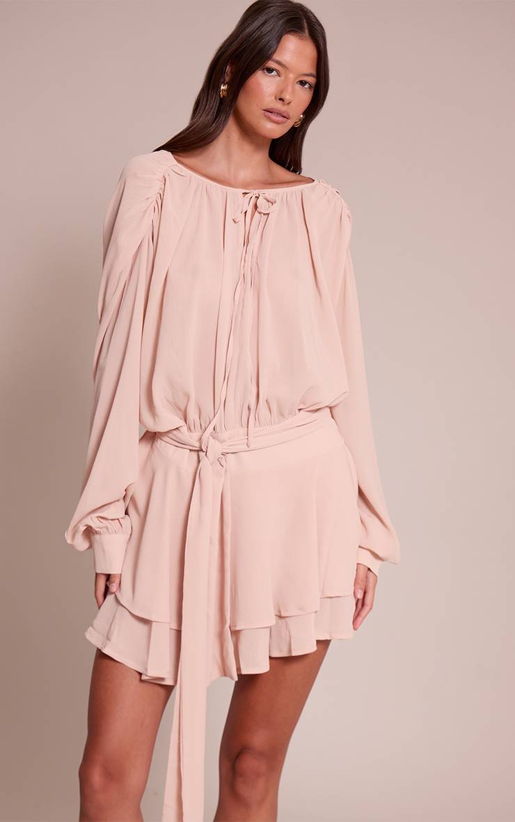 Rose Poudré Robe Courte Droite Cache-cœur En Mousseline Avec Ceinture