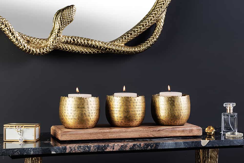 3er Set Schalen ORIENT 45cm gold mit Tablett massives Mangoholz Dekoration handmade