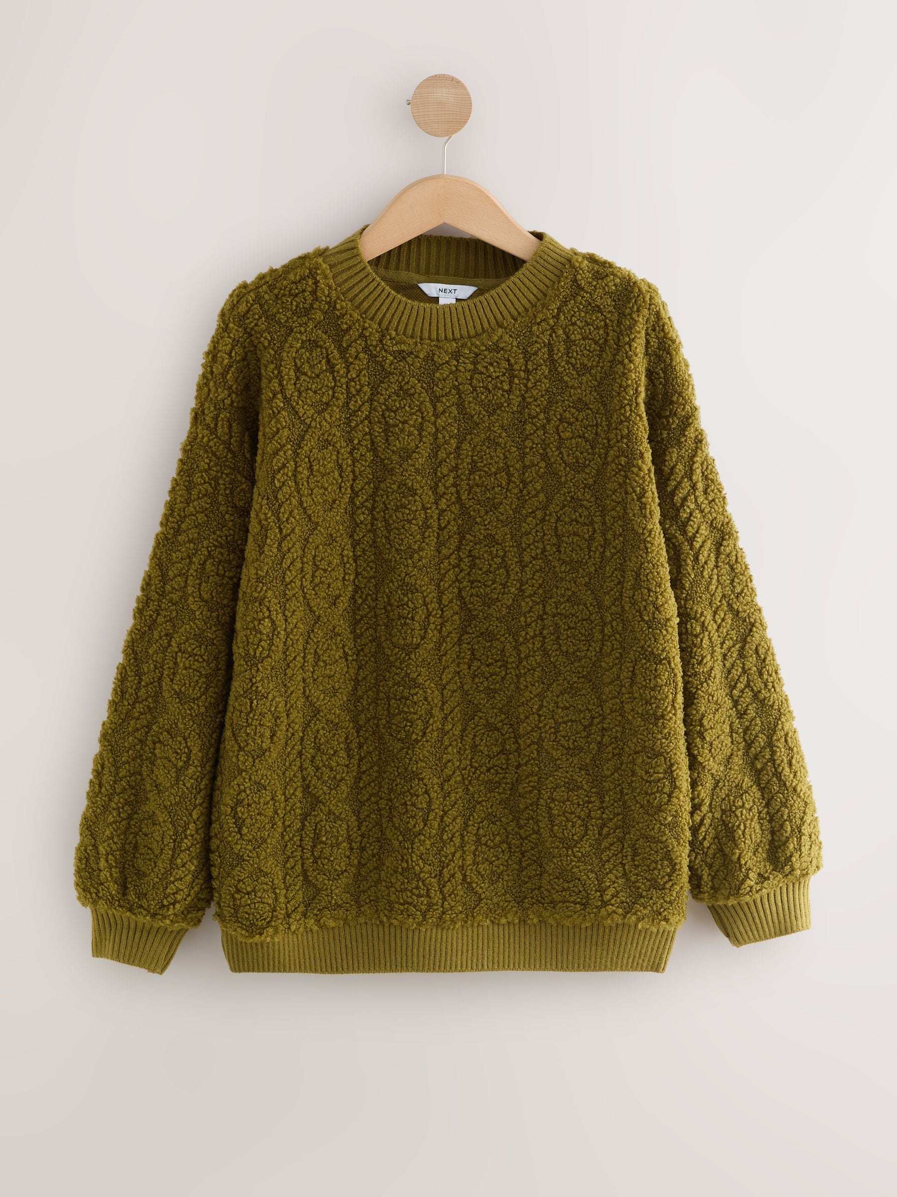 Olijfgroen - Fluffy Soft Borg Cable Long Sleeve Crew Neck Sweatshirt