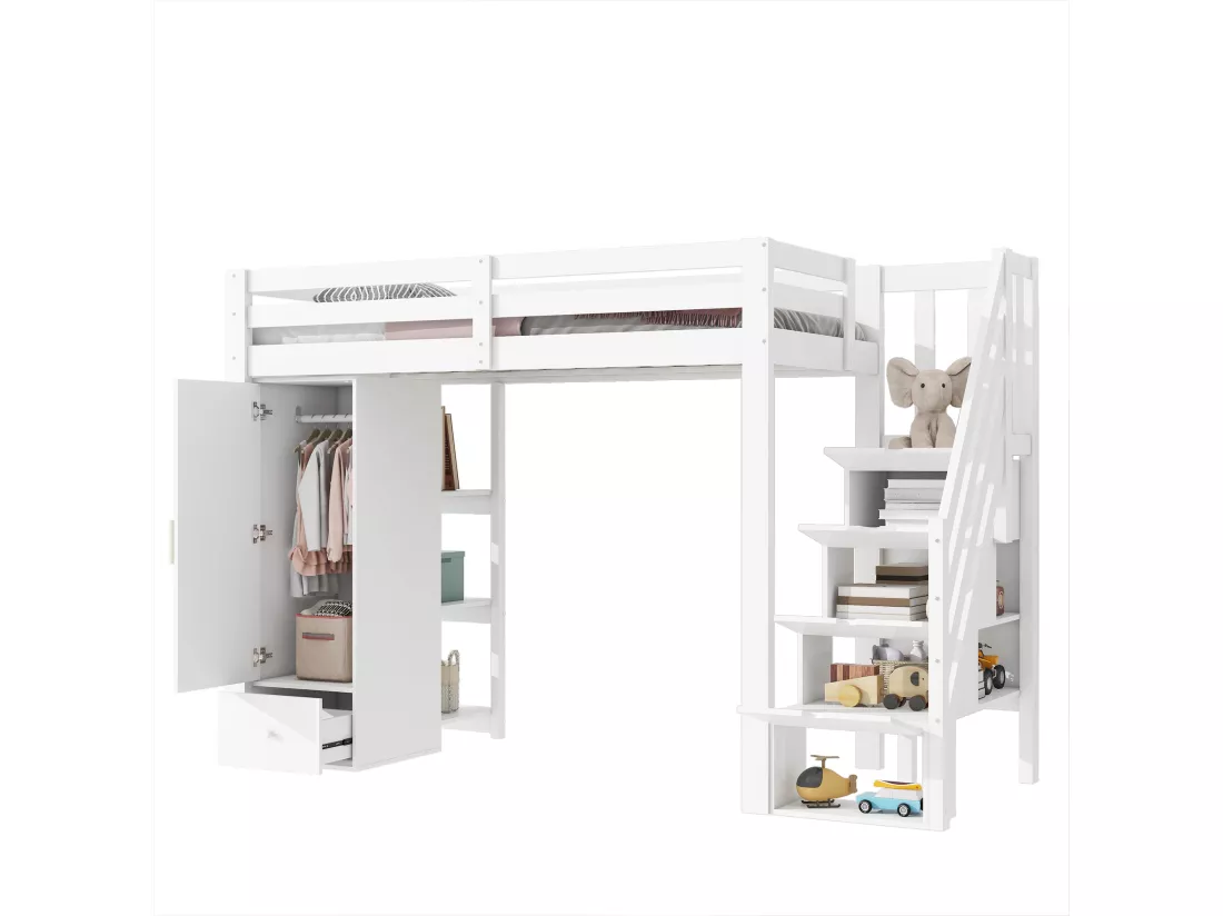 Lit mezzanine 90 x 200 cm avec armoire, 4 tiroirs et étagères de rangement - Pin + MDF - Blanc (sans matelas)